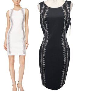 CALVIN KLEIN Mirror Embellished Bodycon Black Scuba Crepe Sleeveless Dress 6 NWT